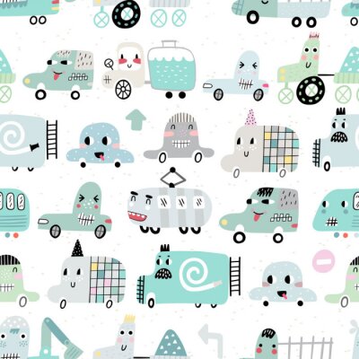 Seamless pattern with cute cars. Cartoon cars. Perfect for kids fabric, textile, nursery wallpaper. Vector Illustration.