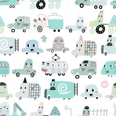 Papier peint à motif  Seamless pattern with cute cars. Cartoon cars. Perfect for kids fabric, textile, nursery wallpaper. Vector Illustration.