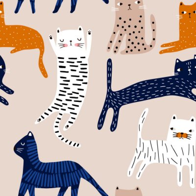 Papier peint à motif  Seamless pattern with cute colorful cats. Creative childish texture. Great for fabric, textile Vector Illustration