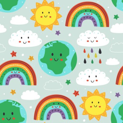 seamless pattern with cute Earth,cloud, rainbow and sun - vector illustration, eps    