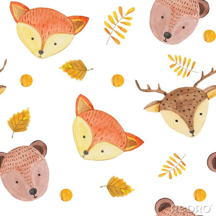 Papier peint à motif  Seamless pattern with cute forest animals, leaves and blots on a white background. watercolor illustration for prints, textiles, banners and scrapbooking