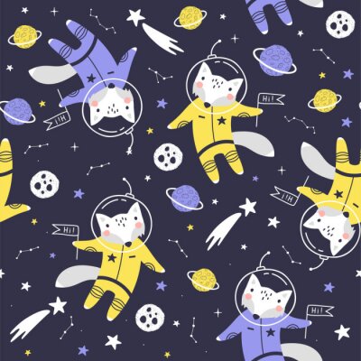 Papier peint à motif  Seamless pattern with cute fox astronaut, planets, stars and comets. Space Background for Kids. Vector
