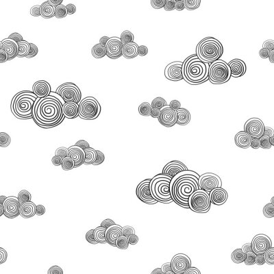 Seamless pattern with cute hand drawn curly clouds. Doodle.