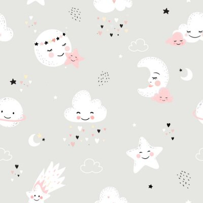 Papier peint à motif  Seamless pattern with cute moon, stars, clouds. Perfect for baby background, kids room wallpaper, baby shower card, fabric and wear. Nursery vector illustration.