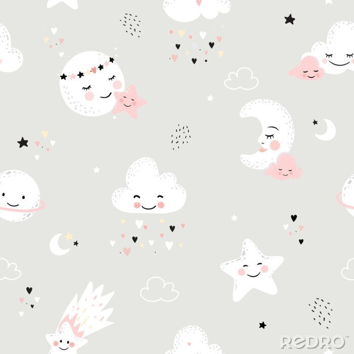 Papier peint à motif  Seamless pattern with cute moon, stars, clouds. Perfect for baby background, kids room wallpaper, baby shower card, fabric and wear. Nursery vector illustration.
