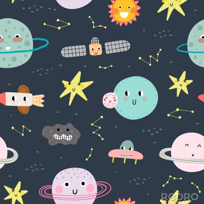 Papier peint à motif  Seamless pattern with cute planet, star and ufo. Vector illustration for children. Trendy kids vector background.