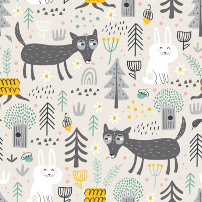 Papier peint à motif  Seamless pattern with cute wolf and white bunny in the forest . Vector background for children. Scandinavian style.