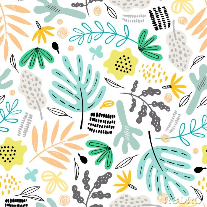 Papier peint à motif  Seamless pattern with decorative plants and flowers in doodle style. Perfect for kids fabric, textile, nursery wallpaper. Scandinavian style.