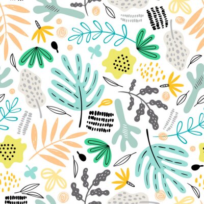 Papier peint à motif  Seamless pattern with decorative plants and flowers in doodle style. Perfect for kids fabric, textile, nursery wallpaper. Scandinavian style.