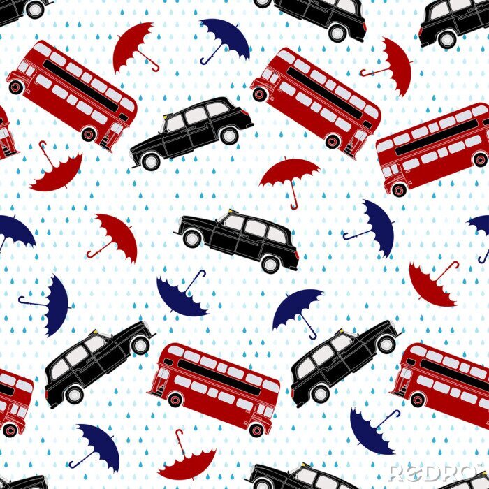 Papier peint à motif  Seamless pattern with double-decker buses, taxi and umbrellas un