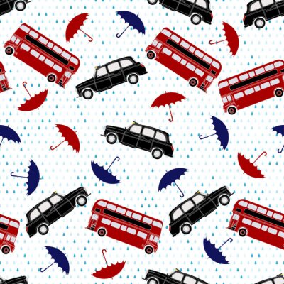 Papier peint à motif  Seamless pattern with double-decker buses, taxi and umbrellas un