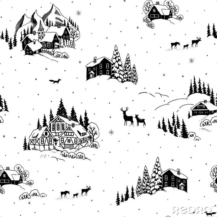 Papier peint à motif  Seamless pattern with drawing winter landscape, houses, chalets and animals. Vector Christmas illustration in vintage style.