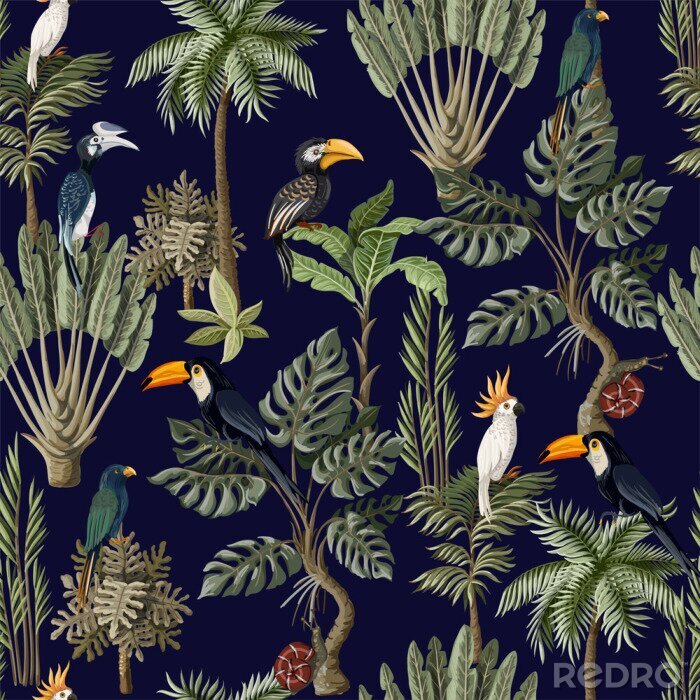 Papier peint à motif  Seamless pattern with exotic trees and animals. Interior vintage wallpaper.