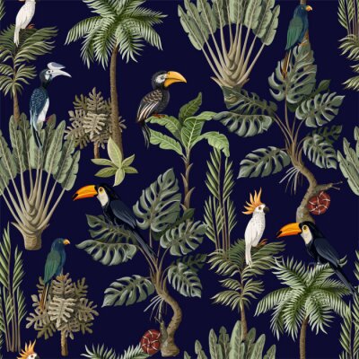 Papier peint à motif  Seamless pattern with exotic trees and animals. Interior vintage wallpaper.