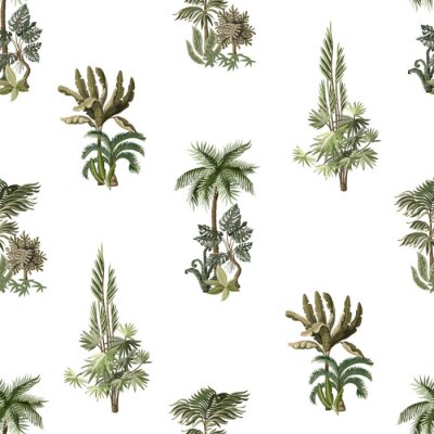 Seamless pattern with exotic trees such us palm, monstera and banana. Interior vintage wallpaper