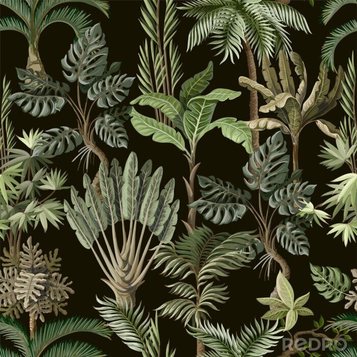 Papier peint à motif  Seamless pattern with exotic trees such us palm, monstera and banana. Interior vintage wallpaper.