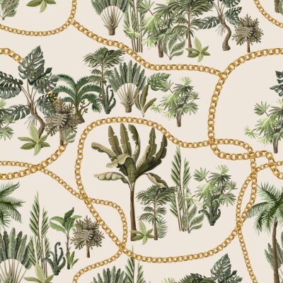 Papier peint à motif  Seamless pattern with exotic trees such us palm, monstera and banana with chains.