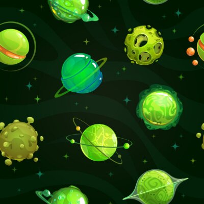 Papier peint à motif  Seamless pattern with fantasy green planets on space baclground.