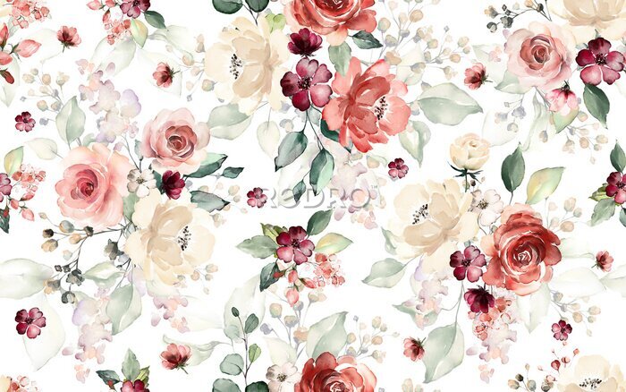 Papier peint à motif  Seamless pattern with flowers and leaves. Hand drawn background.  floral pattern for wallpaper or fabric. Flower rose. Botanic Tile.