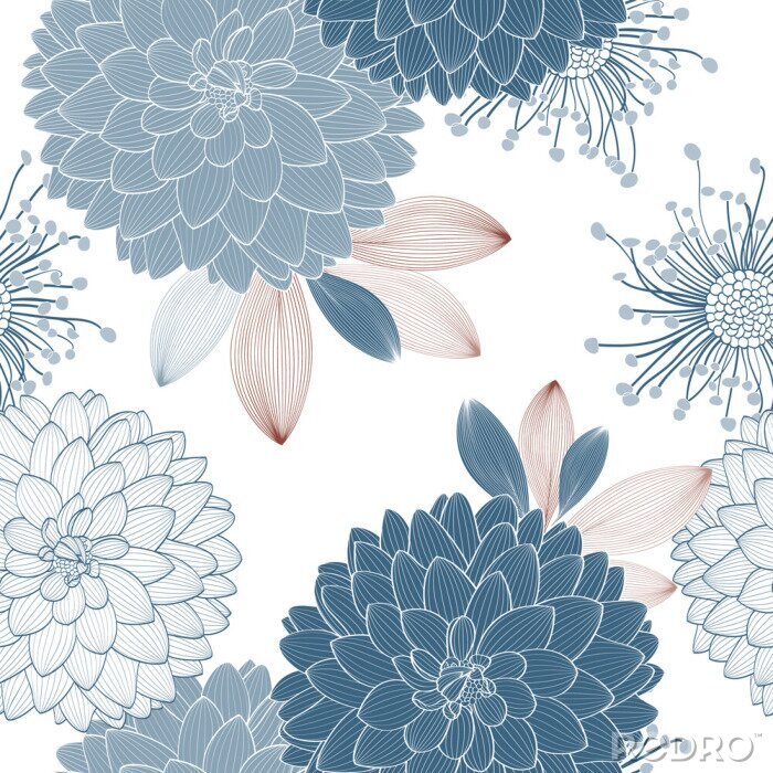 Papier peint à motif  Seamless pattern with flowers dahlia and abstract leaves.