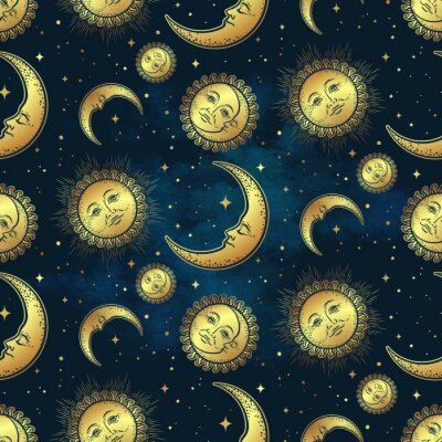 Papier peint à motif  Seamless pattern with gold celestial bodies - moon, sun and stars over blue night sky background. Boho chic fabric print, wrapping paper or textile design hand drawn vector illustration.