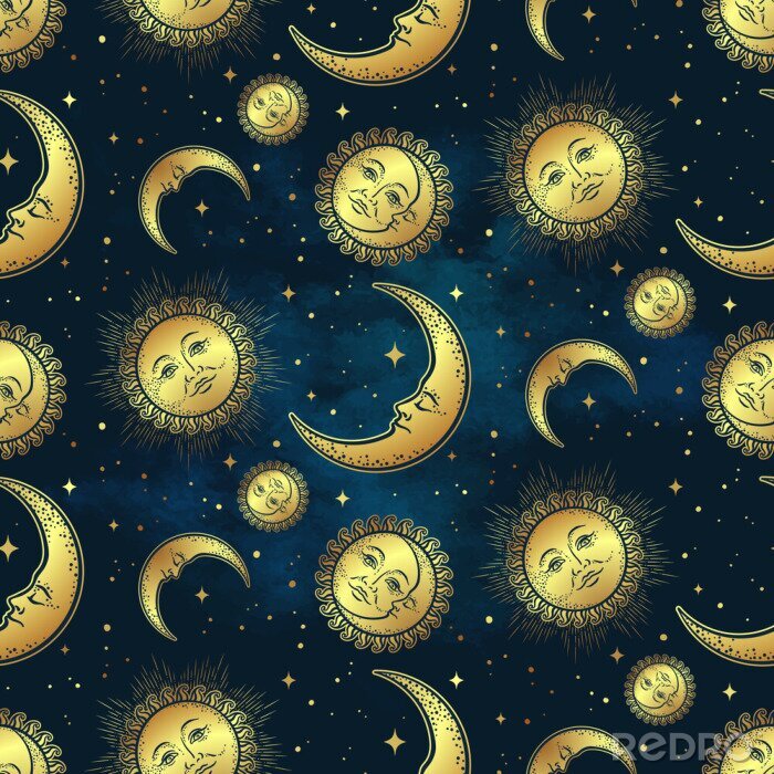 Papier peint à motif  Seamless pattern with gold celestial bodies - moon, sun and stars over blue night sky background. Boho chic fabric print, wrapping paper or textile design hand drawn vector illustration.