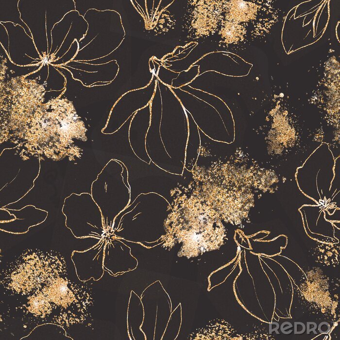 Papier peint à motif  Seamless pattern with golden flowers and leaves in black background.