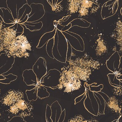 Papier peint à motif  Seamless pattern with golden flowers and leaves in black background.