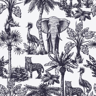 Papier peint à motif  Seamless pattern with graphic tropical treees and jungle animals. Vector.