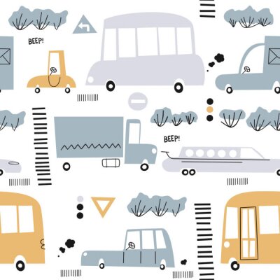 Papier peint à motif  Seamless pattern with hand drawn cute car. Perfect for kids fabric,textile,nursery wallpaper.