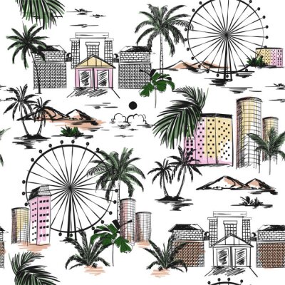 Papier peint à motif  Seamless pattern with hand drawn doodle city summer mood with beach vibes palm trees and mountain Vector illustration of urban vacation , design for card, posters, textile prints, covers,