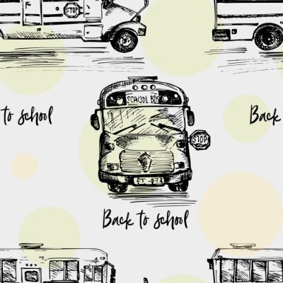 Papier peint à motif  Seamless pattern with hand-drawn sketch bus, isolated background Back to school theme, education concept Black and white vintage illustration. Graphic art element for textile design, wallpaper
