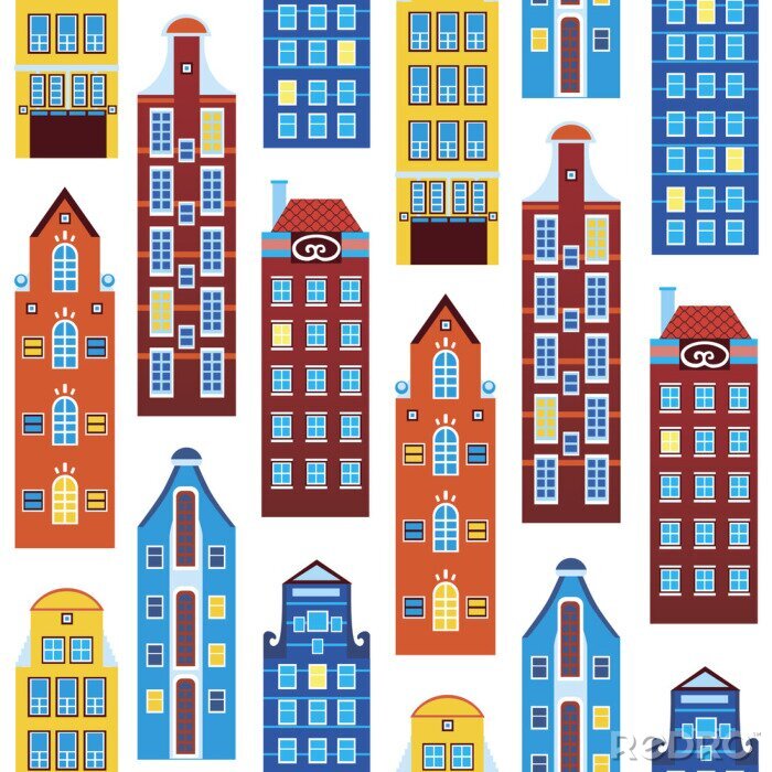 Papier peint à motif  Seamless pattern with houses of amsterdam or europe isolated on white background for printing on fabric or textile, flat vector stock illustration with old houses