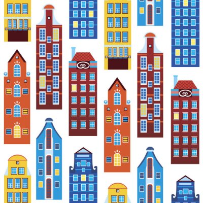 Papier peint à motif  Seamless pattern with houses of amsterdam or europe isolated on white background for printing on fabric or textile, flat vector stock illustration with old houses