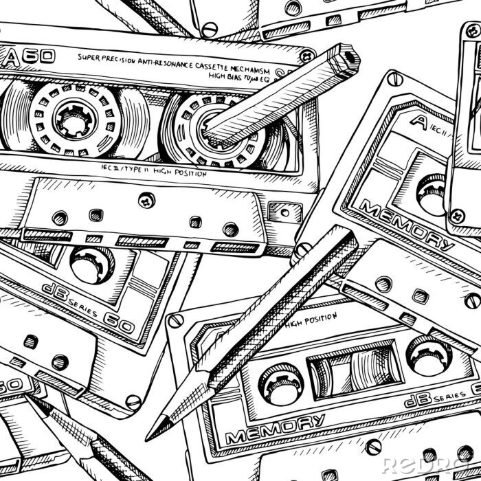 Papier peint à motif  Seamless pattern with image of a Audio Cassette and a pencil. Vector black and white illustration.