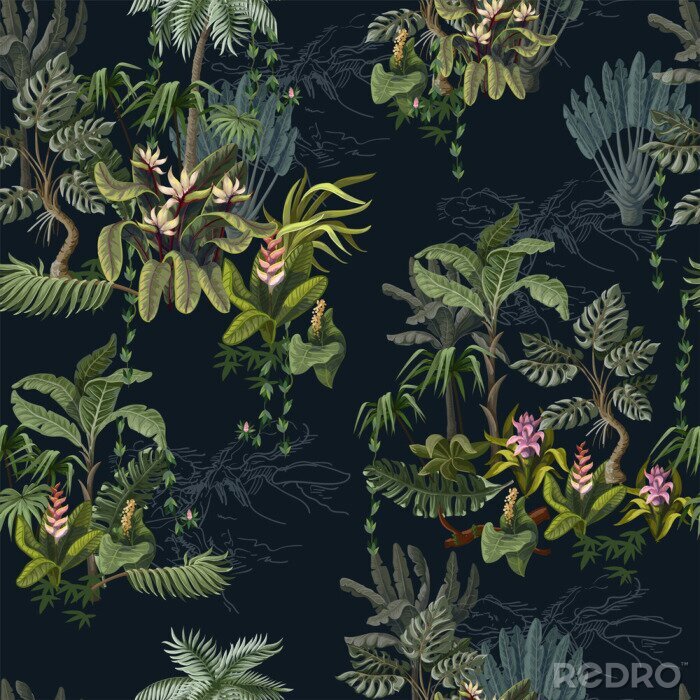 Papier peint à motif  Seamless pattern with jungle trees and flowers. Vector.