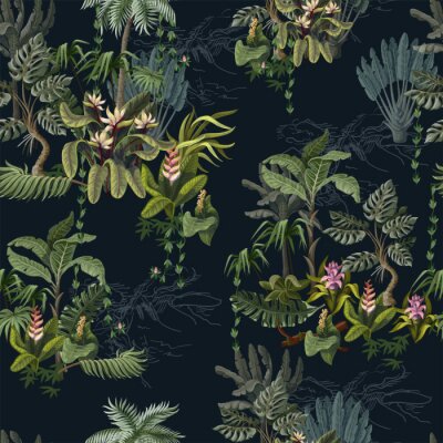 Papier peint à motif  Seamless pattern with jungle trees and flowers. Vector.