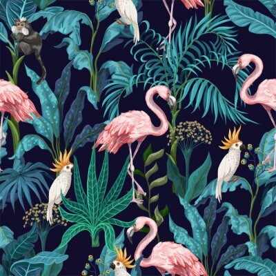 Papier peint à motif  Seamless pattern with jungle trees, flamingo and parrots. Vector.