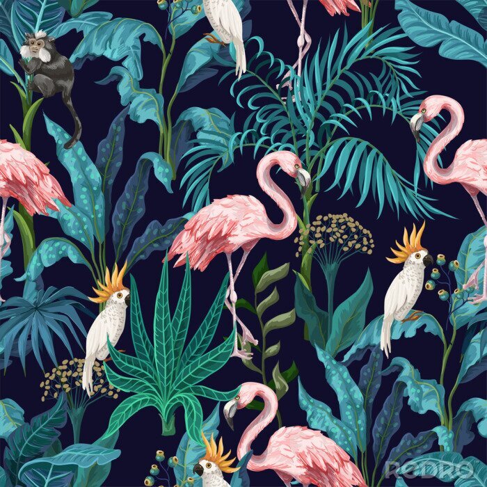 Papier peint à motif  Seamless pattern with jungle trees, flamingo and parrots. Vector.