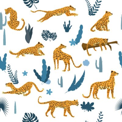 Papier peint à motif  Seamless pattern with leopards in different poses with tropical leaves, plants, mammal, predator, jungle