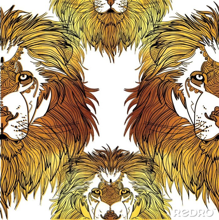 Papier peint à motif  Seamless pattern with lions. Doodling, mandala. Drawing manually. Stylish background. A dangerous predator, a noble animal, a great mane.