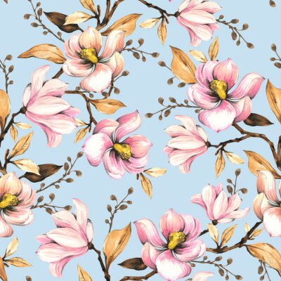 Papier peint à motif  Seamless pattern with magnolias. Floral illustration . Hand drawing, watercolor.  Design wallpaper, fabric and packaging
