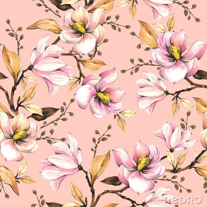 Papier peint à motif  Seamless pattern with magnolias. Floral illustration . Hand drawing, watercolor.  Design wallpaper, fabric and packaging