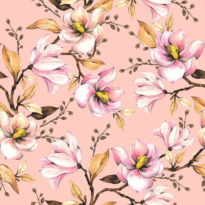 Papier peint à motif  Seamless pattern with magnolias. Floral illustration . Hand drawing, watercolor.  Design wallpaper, fabric and packaging