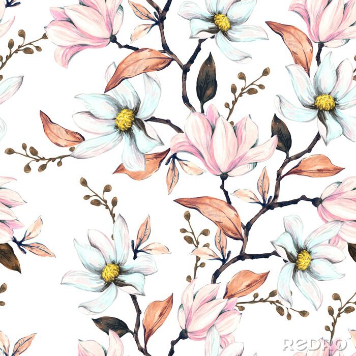 Papier peint à motif  Seamless pattern with magnolias. Floral illustration on a white background. Hand drawing, watercolor.  Design wallpaper, fabric and packaging