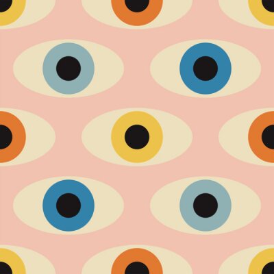 Papier peint à motif  Seamless pattern with minimal 20s geometric design with eyes, vector template with primitive shapes elements