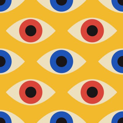 Papier peint à motif  Seamless pattern with minimal 20s geometric design with eyes, vector template with primitive shapes elements