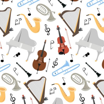 Seamless pattern with musical instruments on the white background.