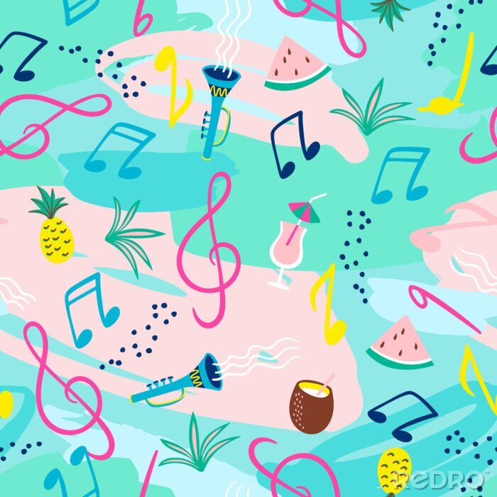 Papier peint à motif  Seamless pattern with musical notes, instruments and summer symbols. Vector
