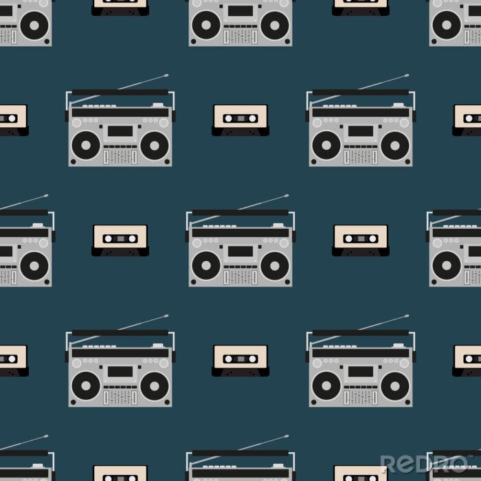 Papier peint à motif  Seamless pattern with old boomboxes and tape cassettes. Vintage music print. Retro vector illustration.